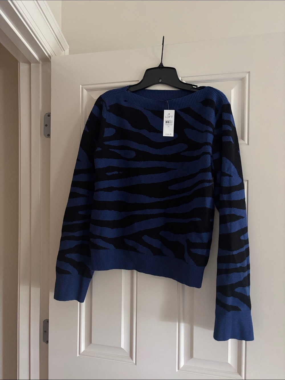 LOFT Blue and Black Zebra-Print Crewneck Sweater